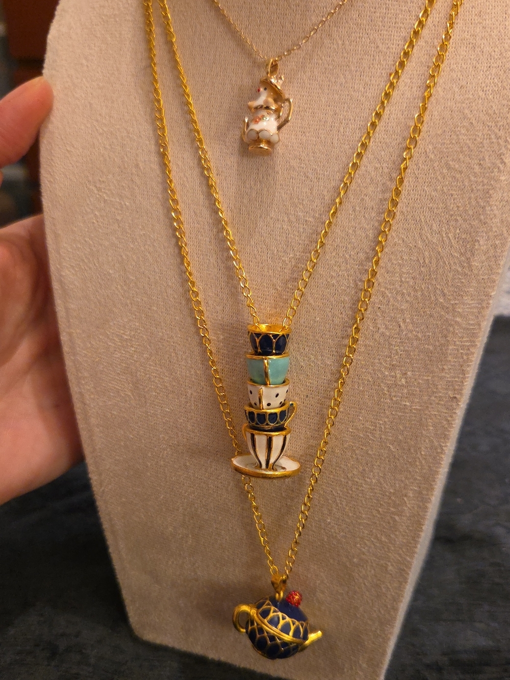 New Goldtone Layered Tea Set Pendant Necklace with Blue White & Turquoise Enamel